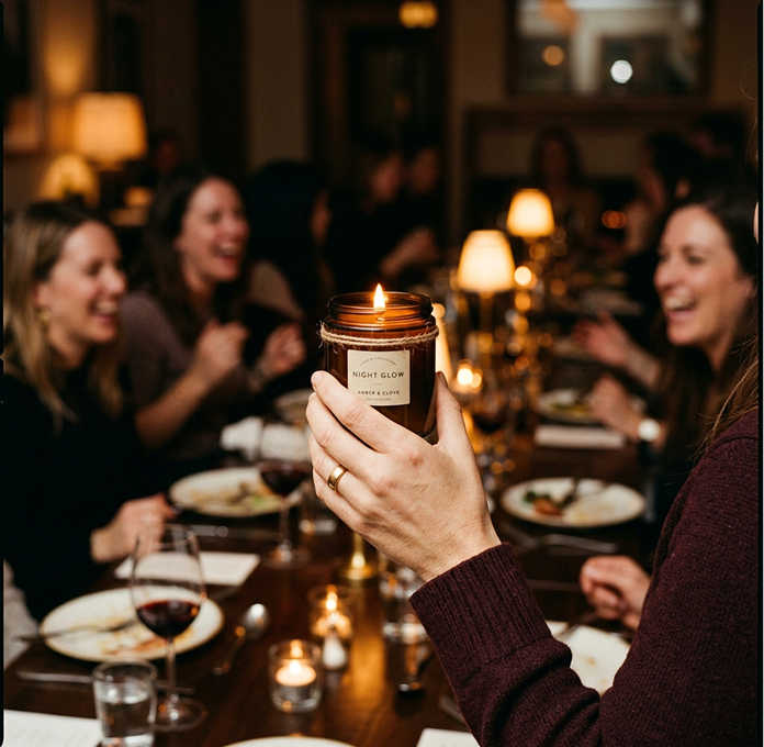 A woman raises a lit candle at a long candlelit dinner table