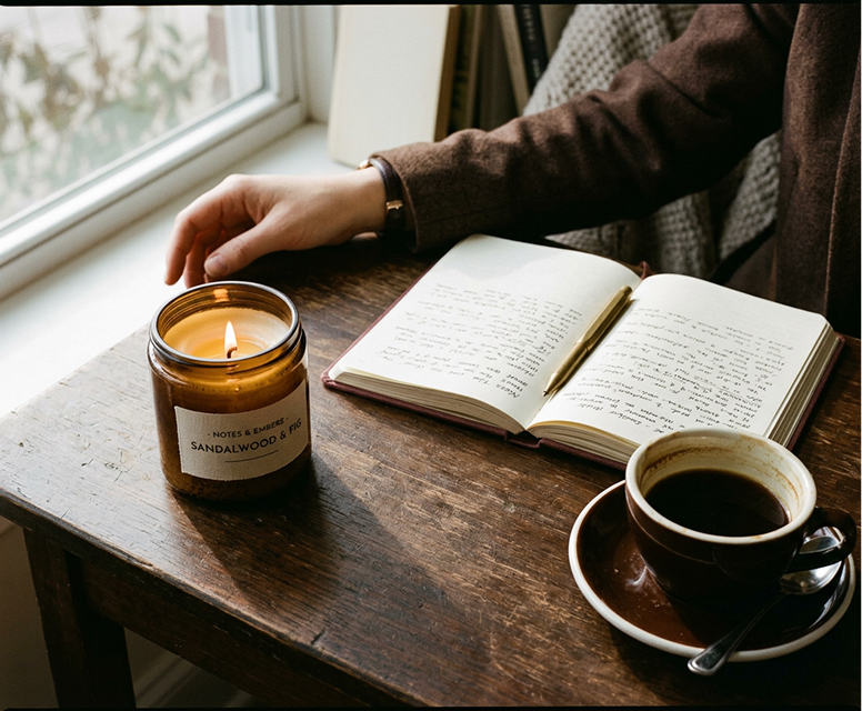 A lit candle beside an open journal and a cup of coffee by the window